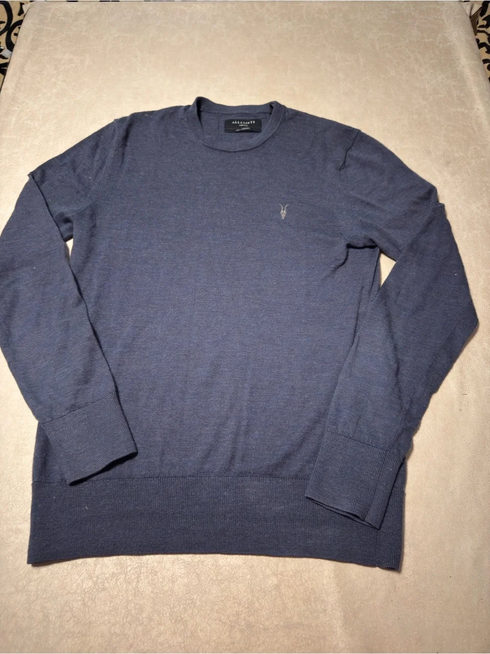 All Saints 100% Wool Lightweight Pullover Men's Dark Blue Knit Sweater. Size M